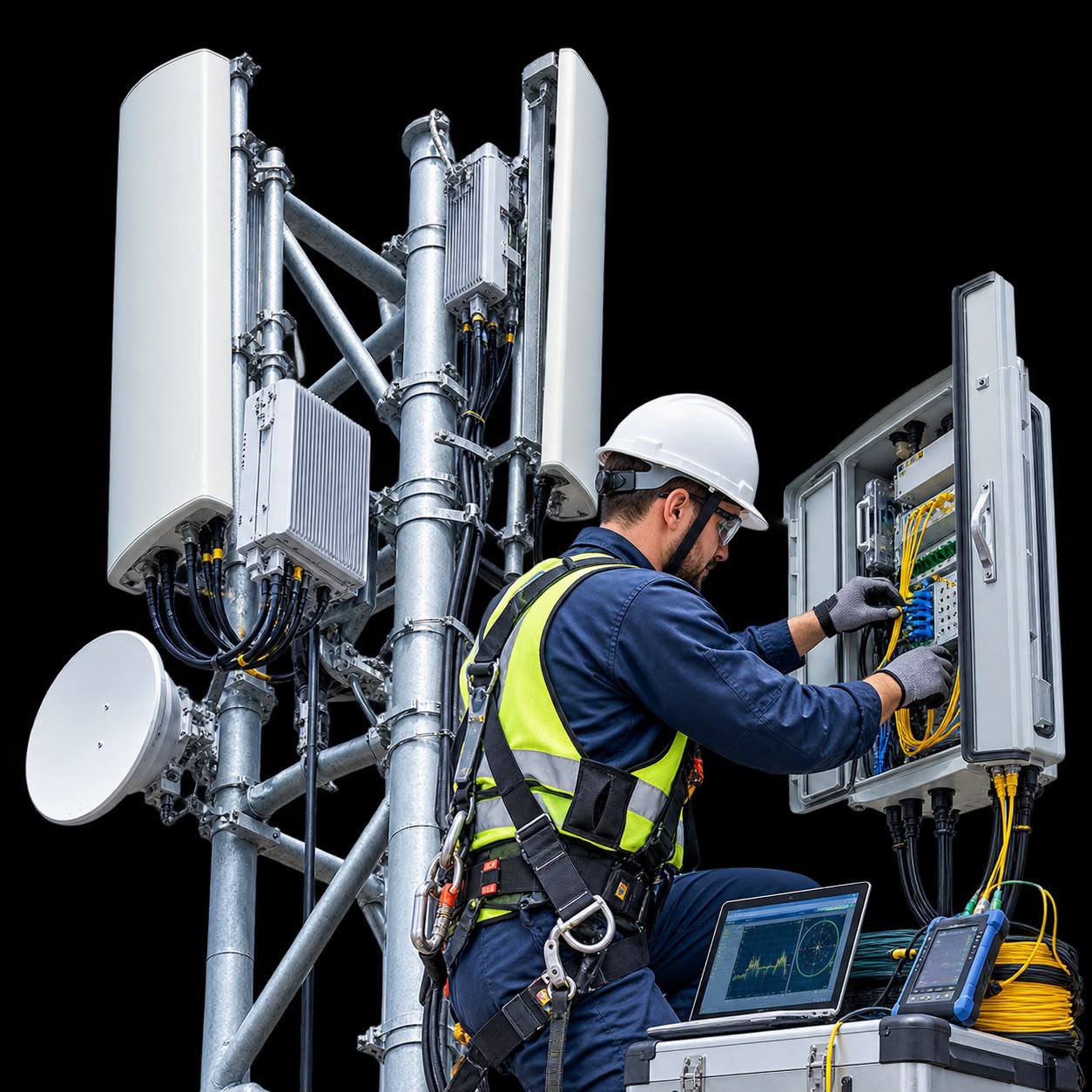 Tecnico instalando equipos de radio y antenas en un sitio RBS